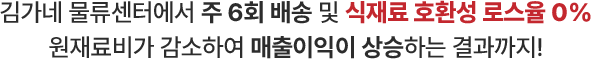 김가네 물류센터에서 주 6회 배송 및 식재료 호환성 로스율 0% 원재료비가 감소하여 매출이익이 상승하는 결과까지!